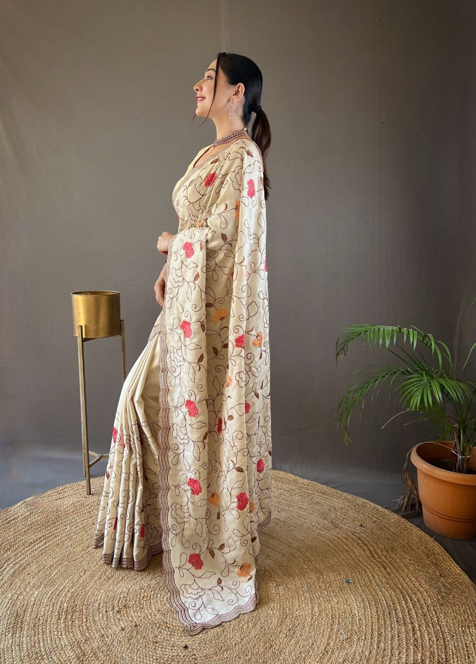 Pure Tussar Silk Saree With Embroidery Jaal Work