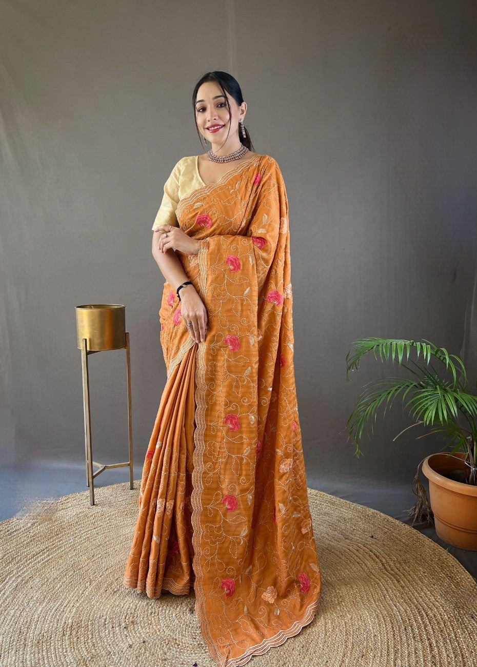 Pure Tussar Silk Saree With Embroidery Jaal Work