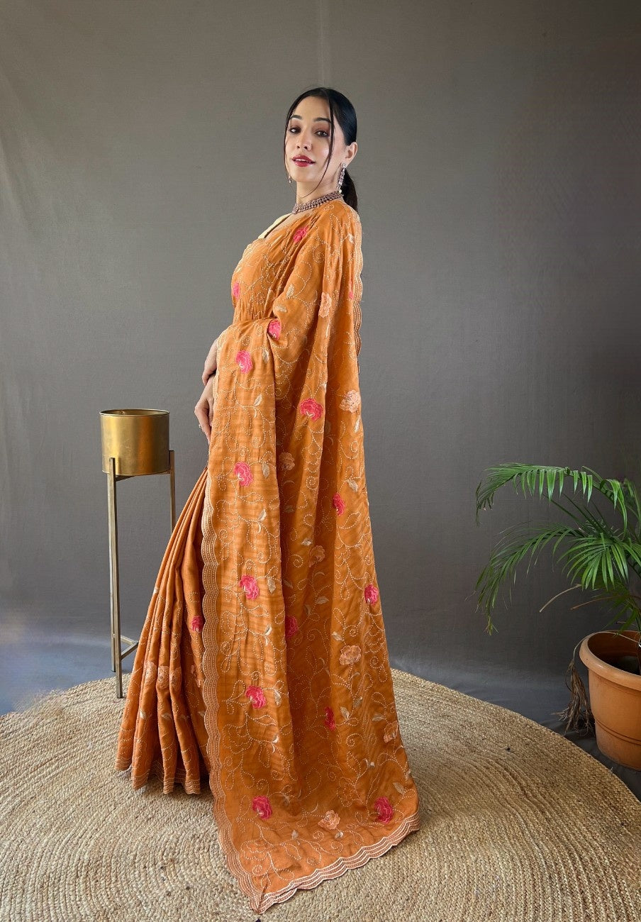 Pure Tussar Silk Saree With Embroidery Jaal Work