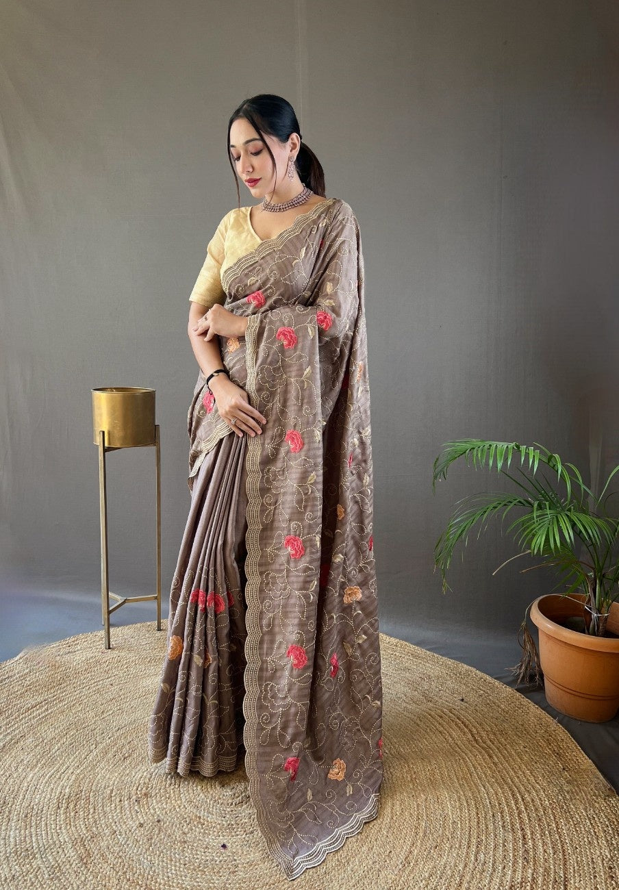 Pure Tussar Silk Saree With Embroidery Jaal Work
