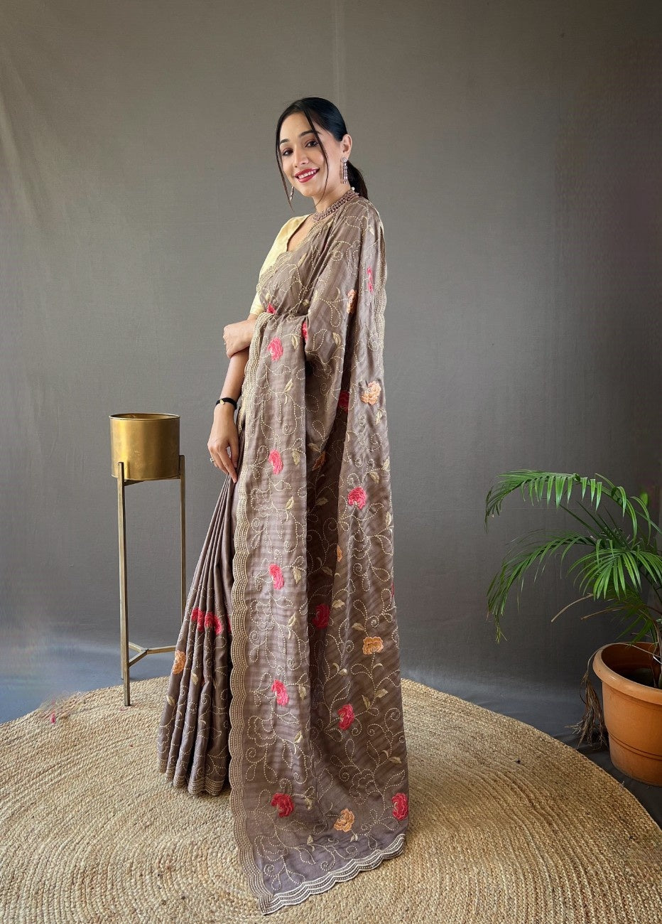 Pure Tussar Silk Saree With Embroidery Jaal Work