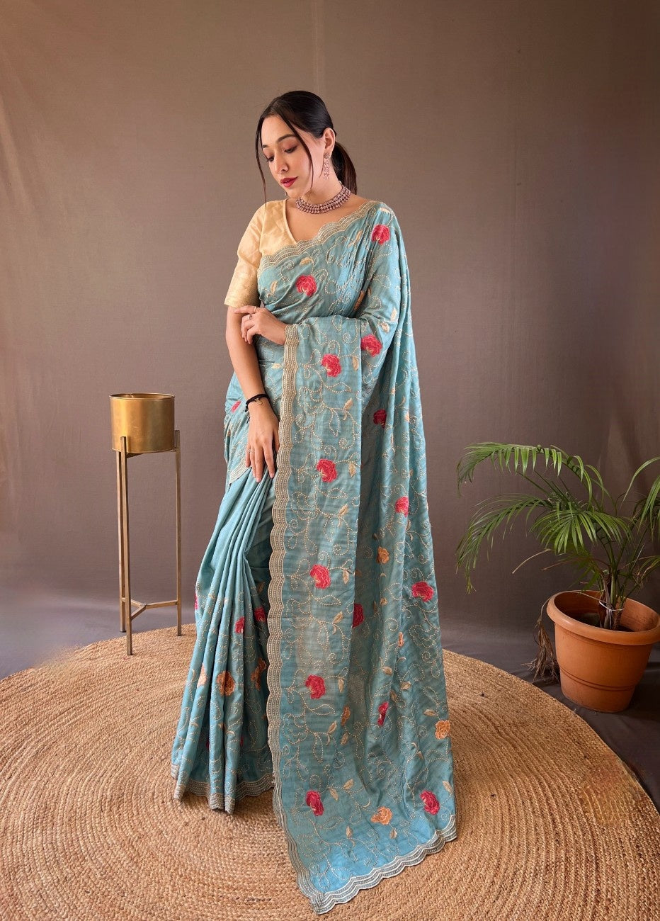 Pure Tussar Silk Saree With Embroidery Jaal Work