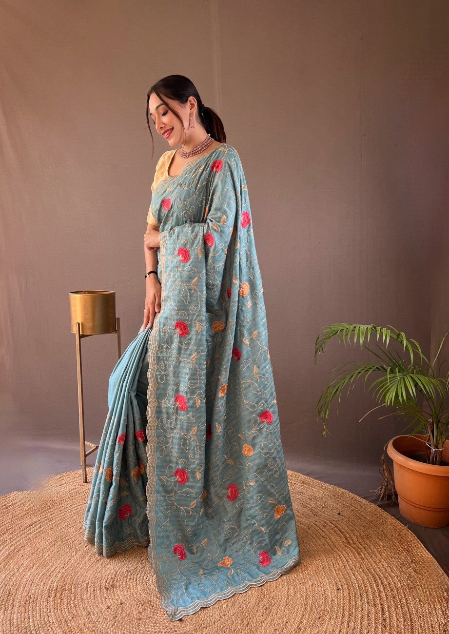 Pure Tussar Silk Saree With Embroidery Jaal Work