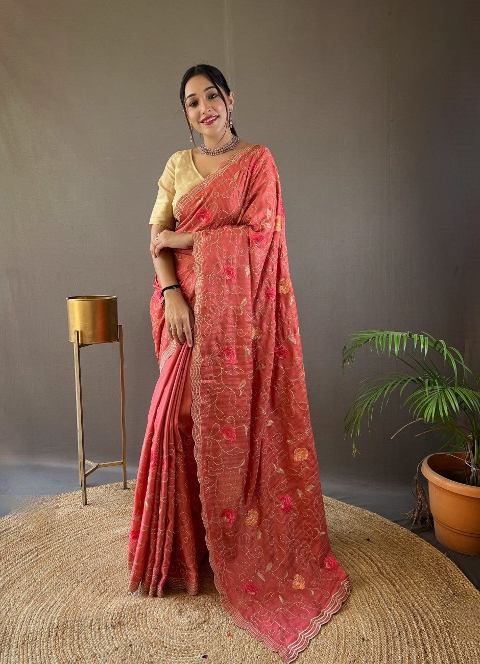 Pure Tussar Silk Saree With Embroidery Jaal Work