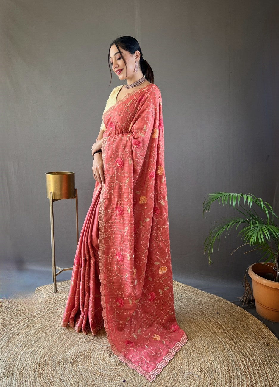 Pure Tussar Silk Saree With Embroidery Jaal Work