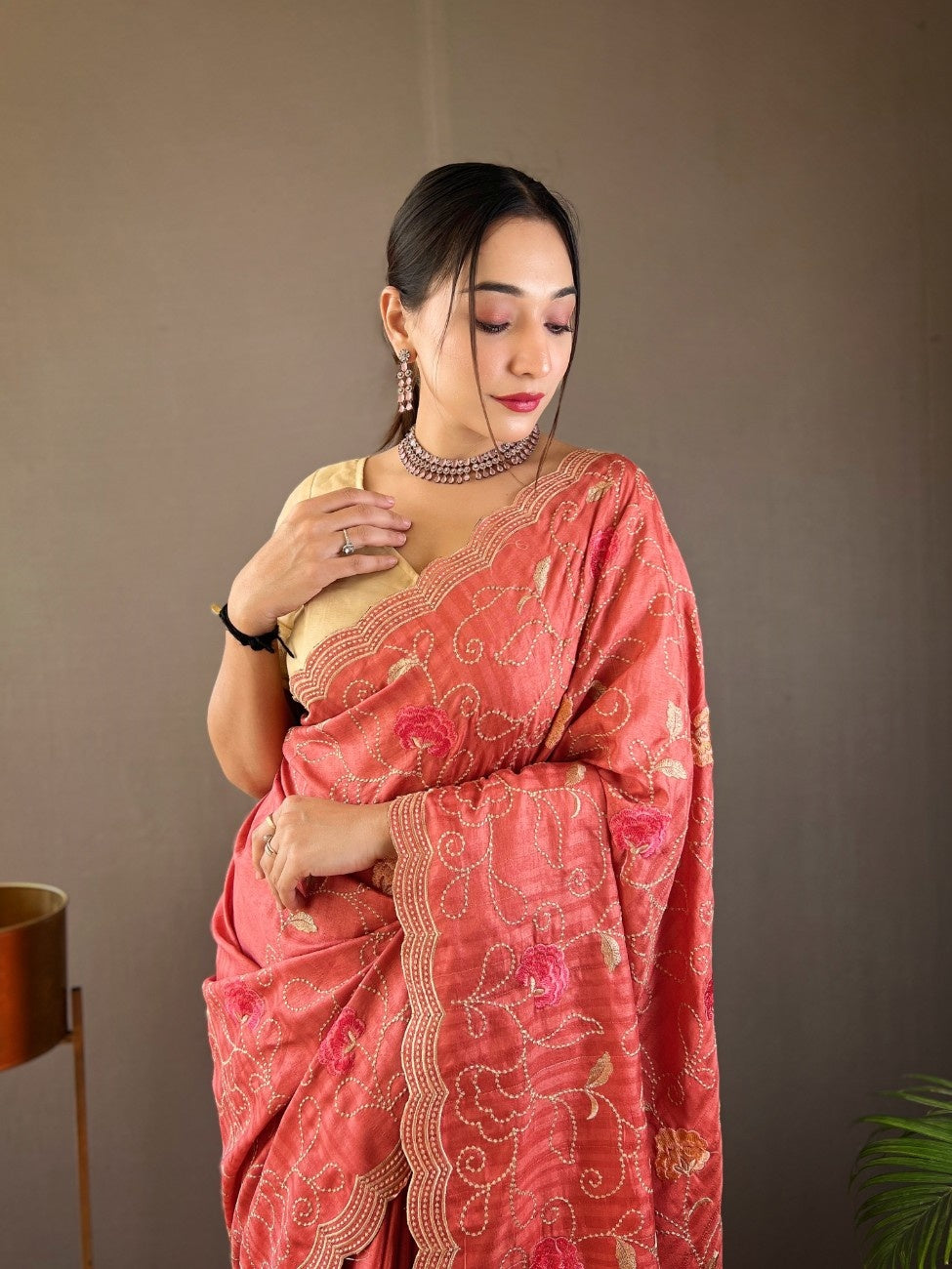 Pure Tussar Silk Saree With Embroidery Jaal Work