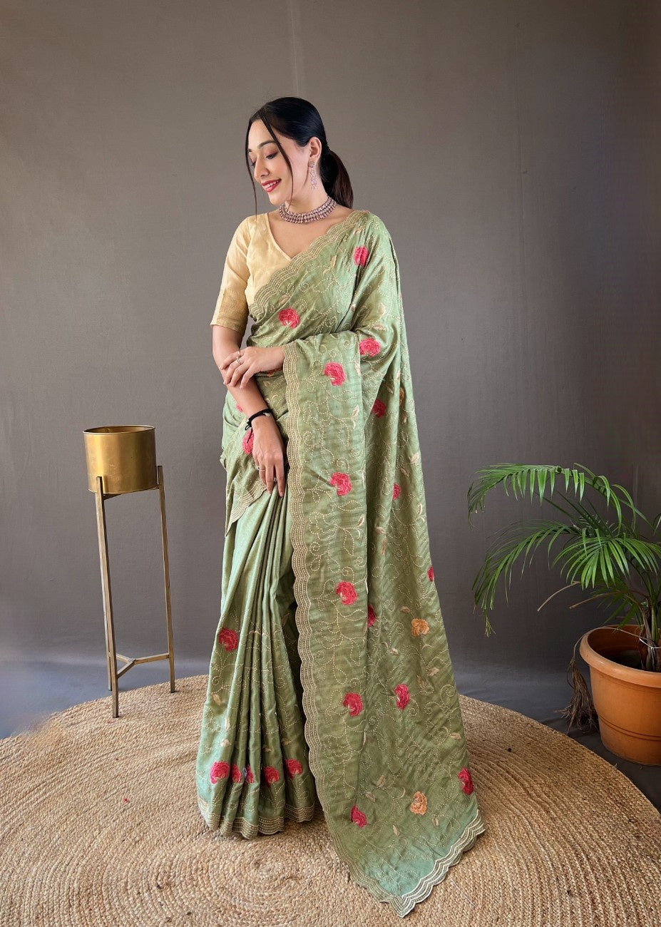 Pure Tussar Silk Saree With Embroidery Jaal Work