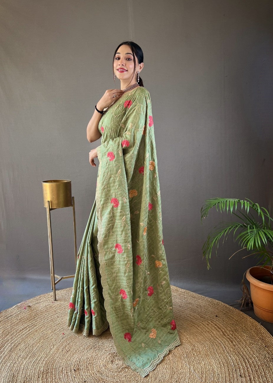 Pure Tussar Silk Saree With Embroidery Jaal Work