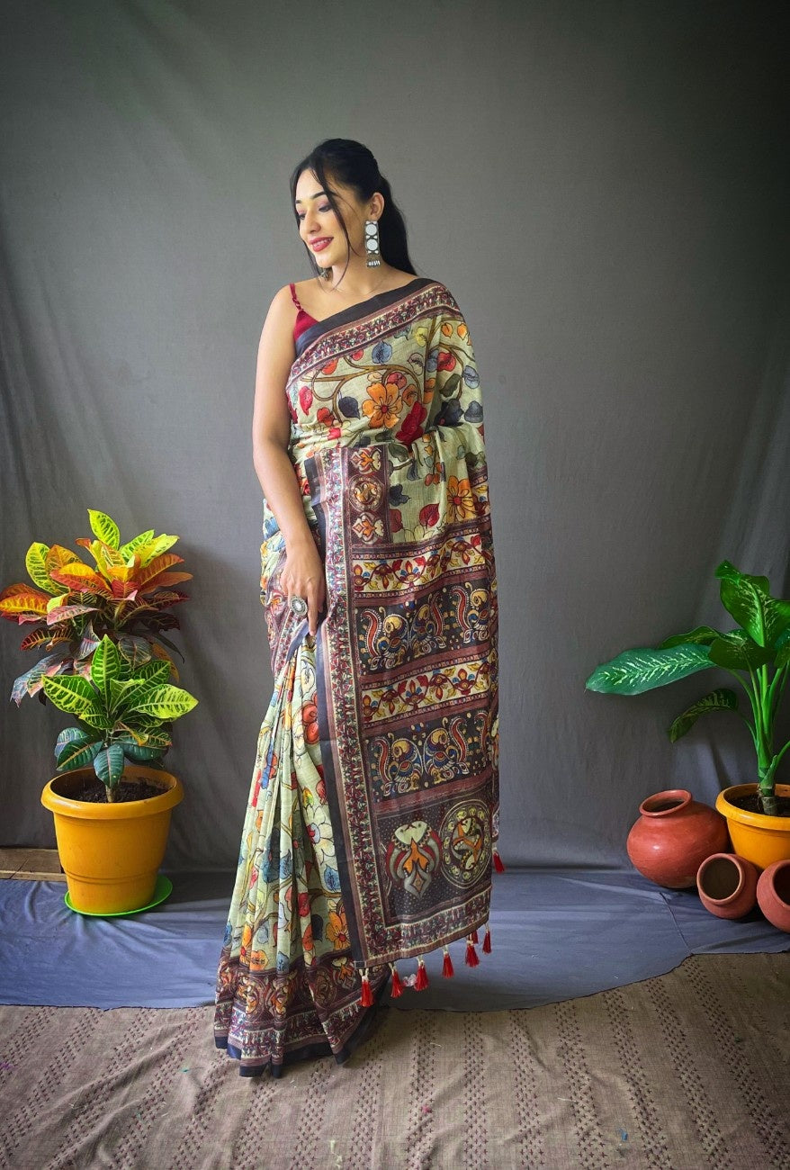 Cotton Sarees With Kalamkari Digital Print
