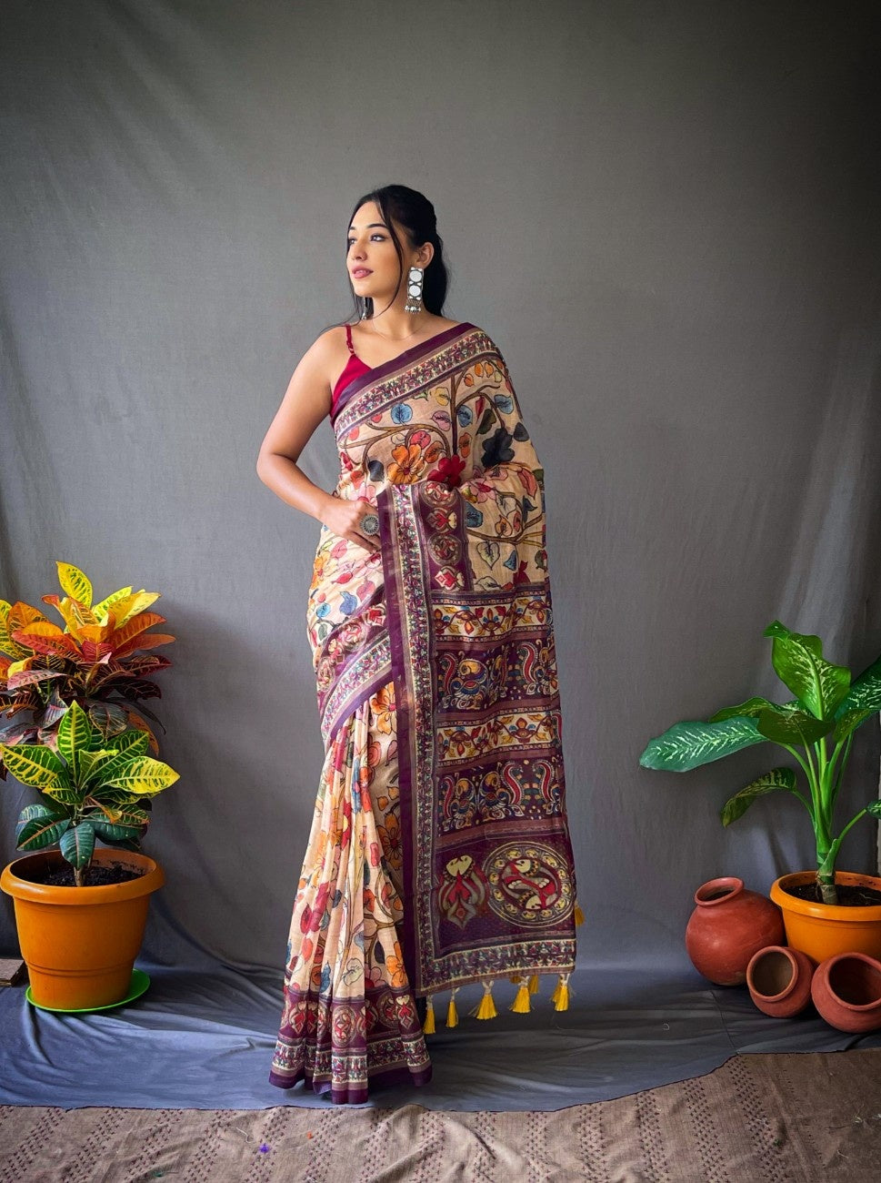 Cotton Sarees With Kalamkari Digital Print