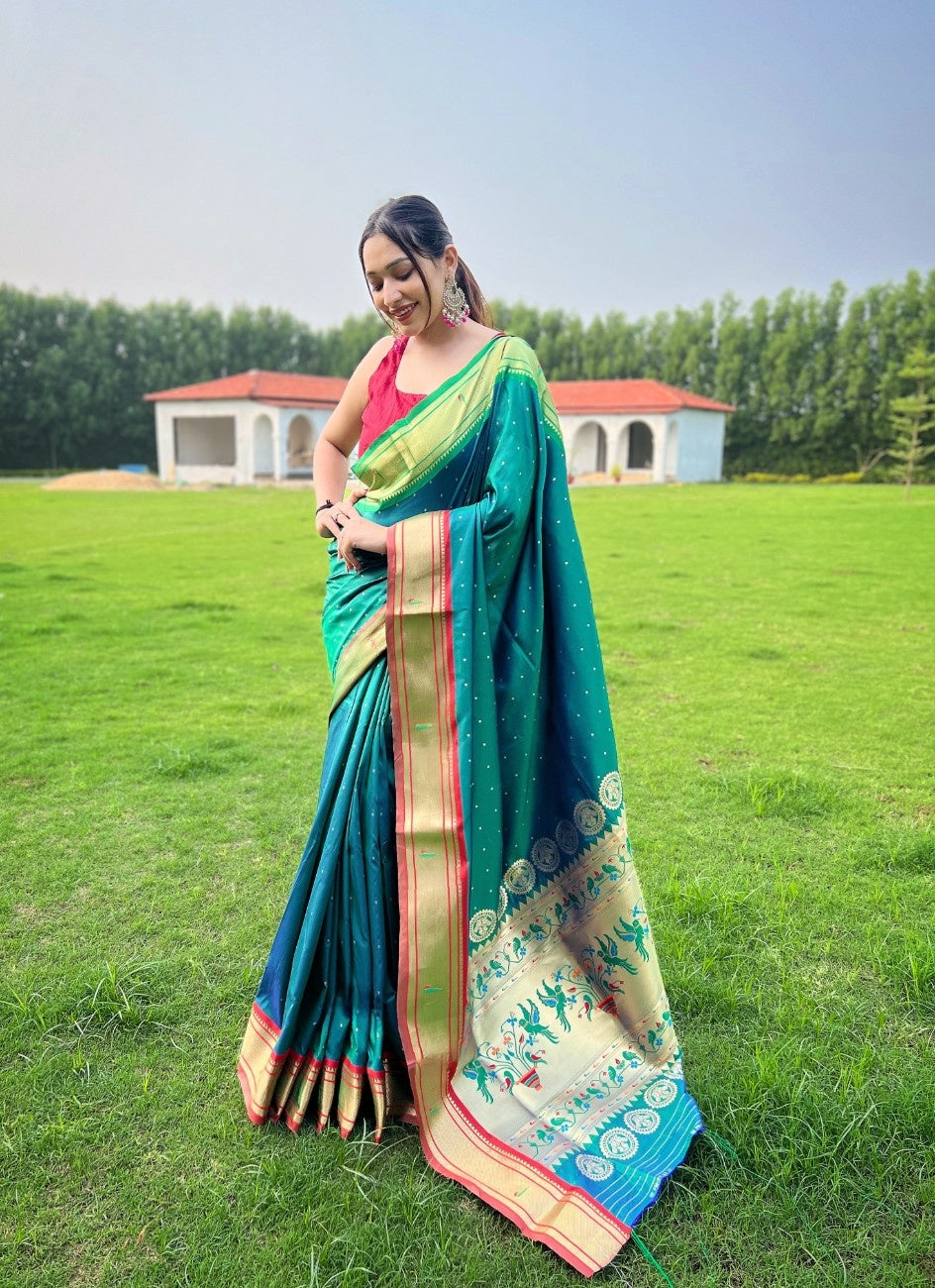 Pure Paithani Silk Saree With Ganga Jamuna Border and heritage weaving