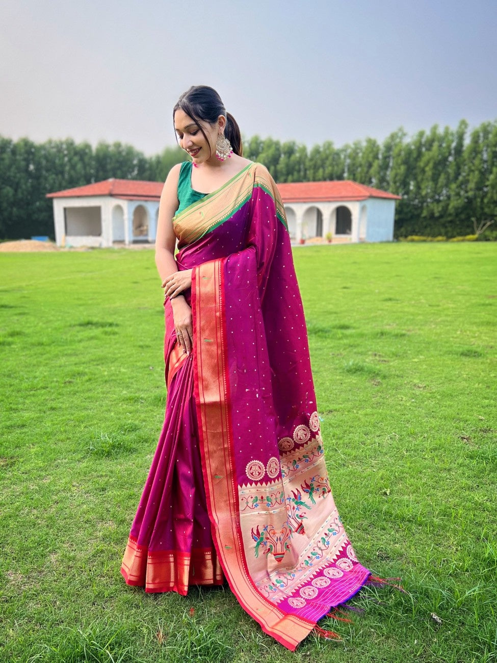 Pure Paithani Silk Saree With Ganga Jamuna Border and heritage weaving