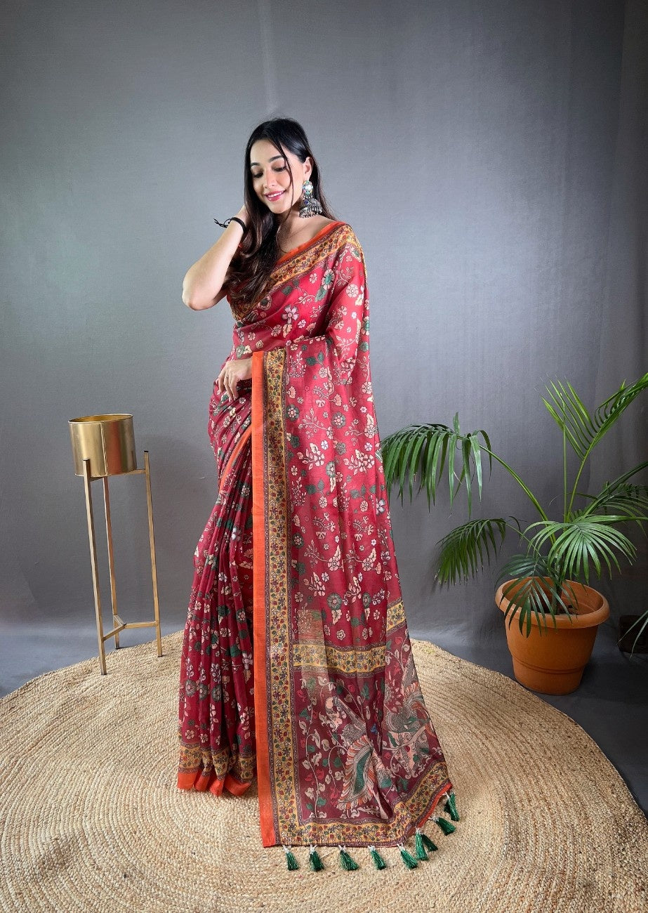 Pure Malai Cotton Saree with Katha Print