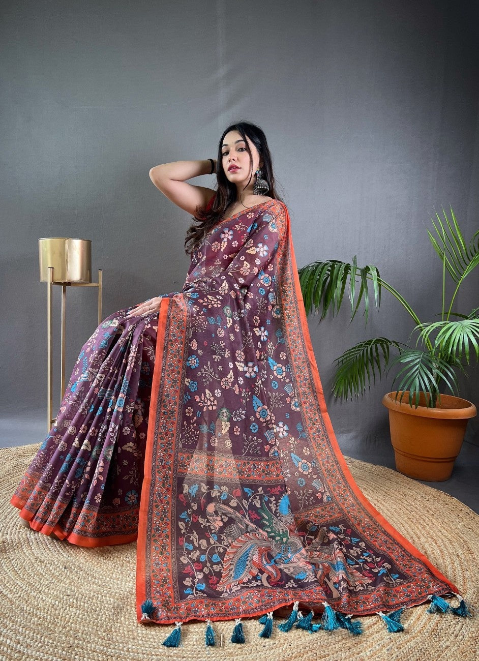Pure Malai Cotton Saree with Katha Print