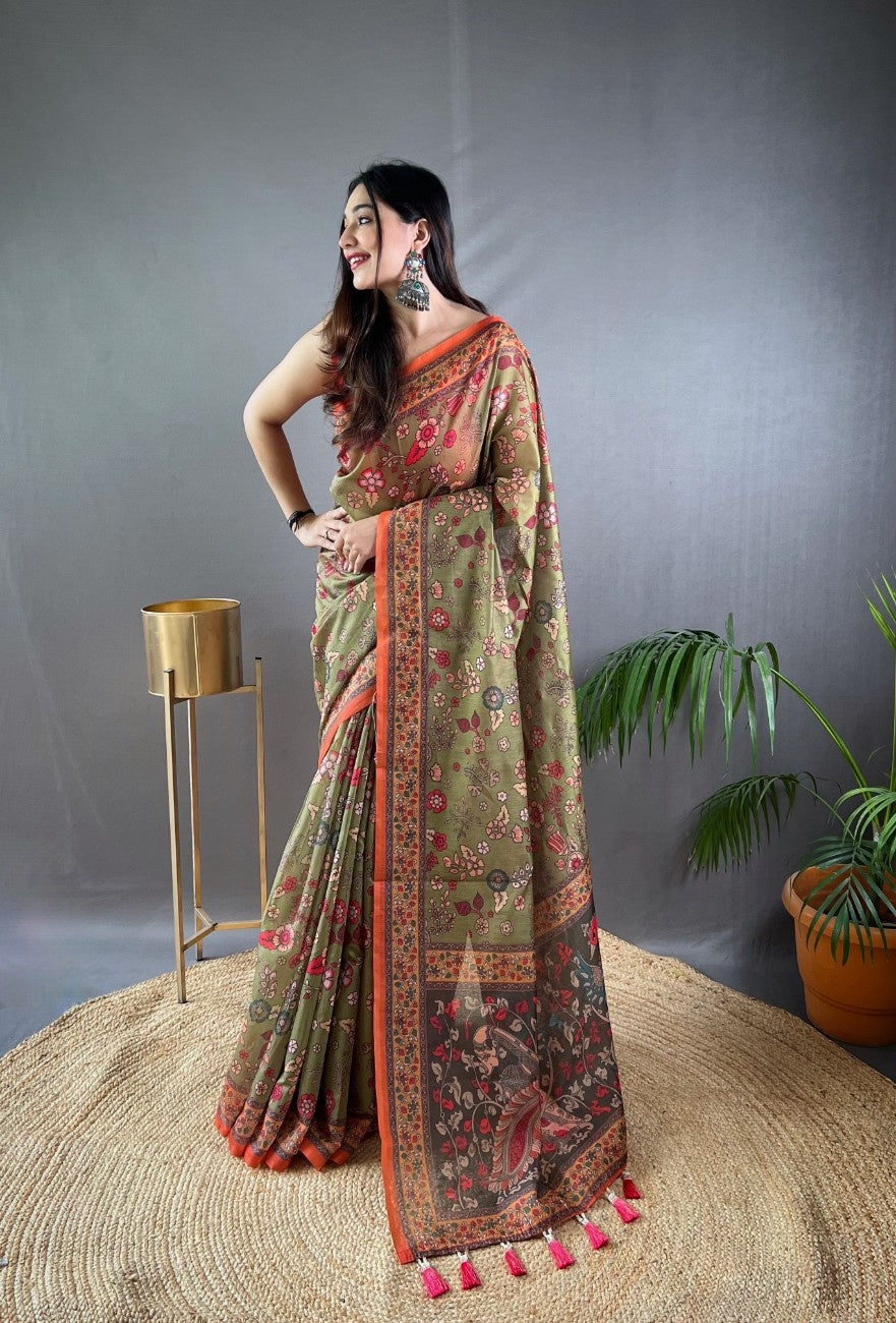 Pure Malai Cotton Saree with Katha Print