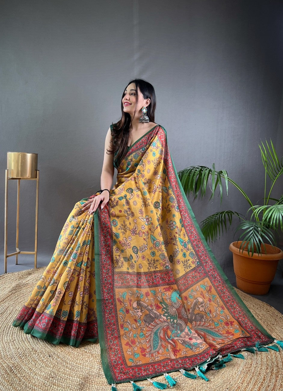 Pure Malai Cotton Saree with Katha Print