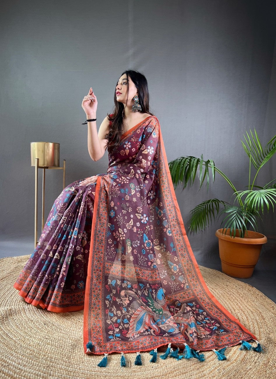 Pure Malai Cotton Saree with Katha Print