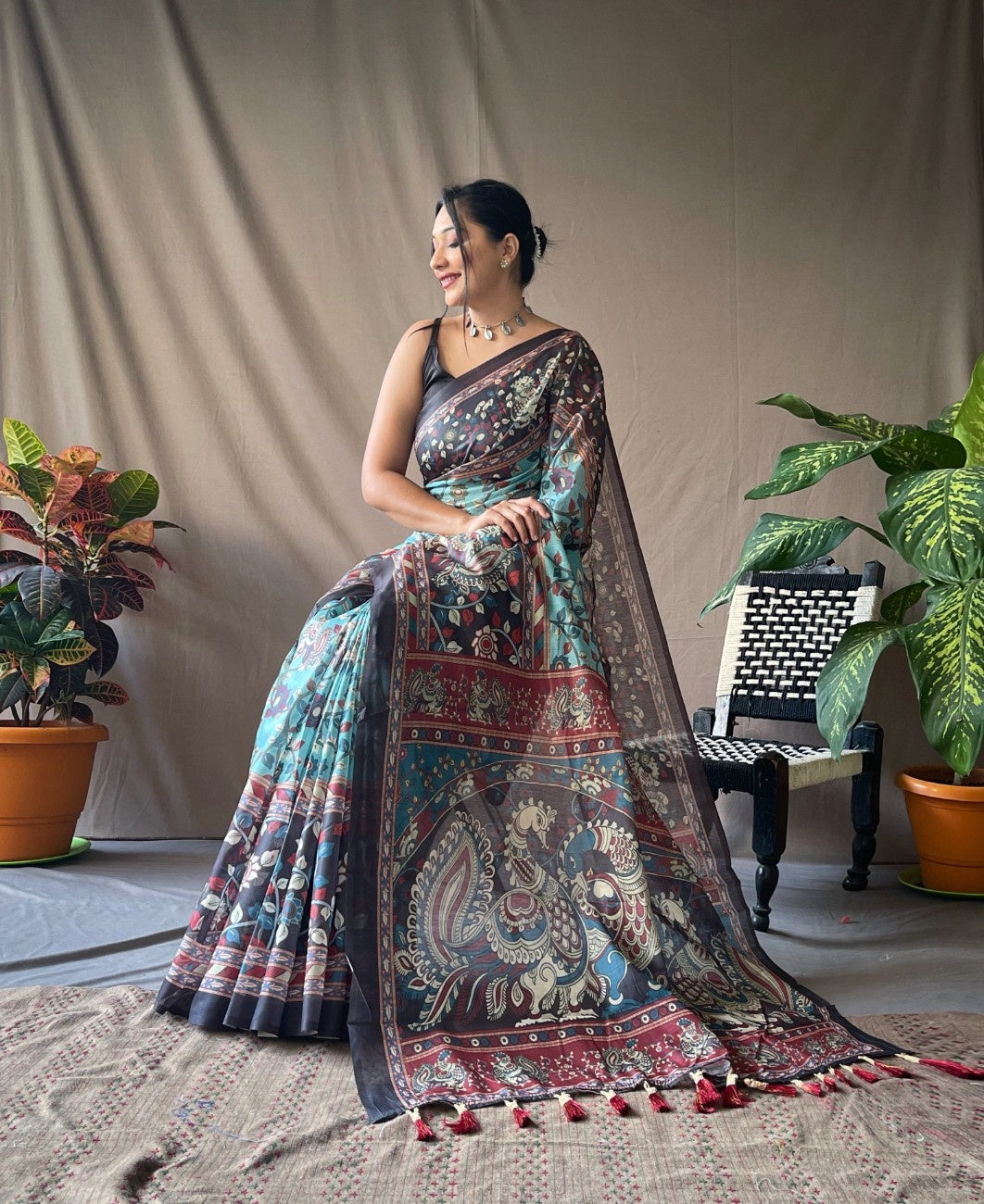 Cotton Sarees With Kalamkari Digital Print