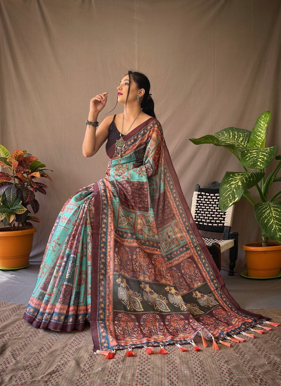 Cotton Sarees With Kalamkari Digital Print