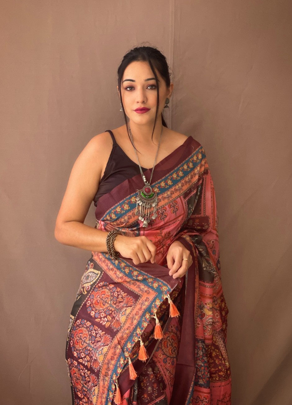 Cotton Sarees With Kalamkari Digital Print