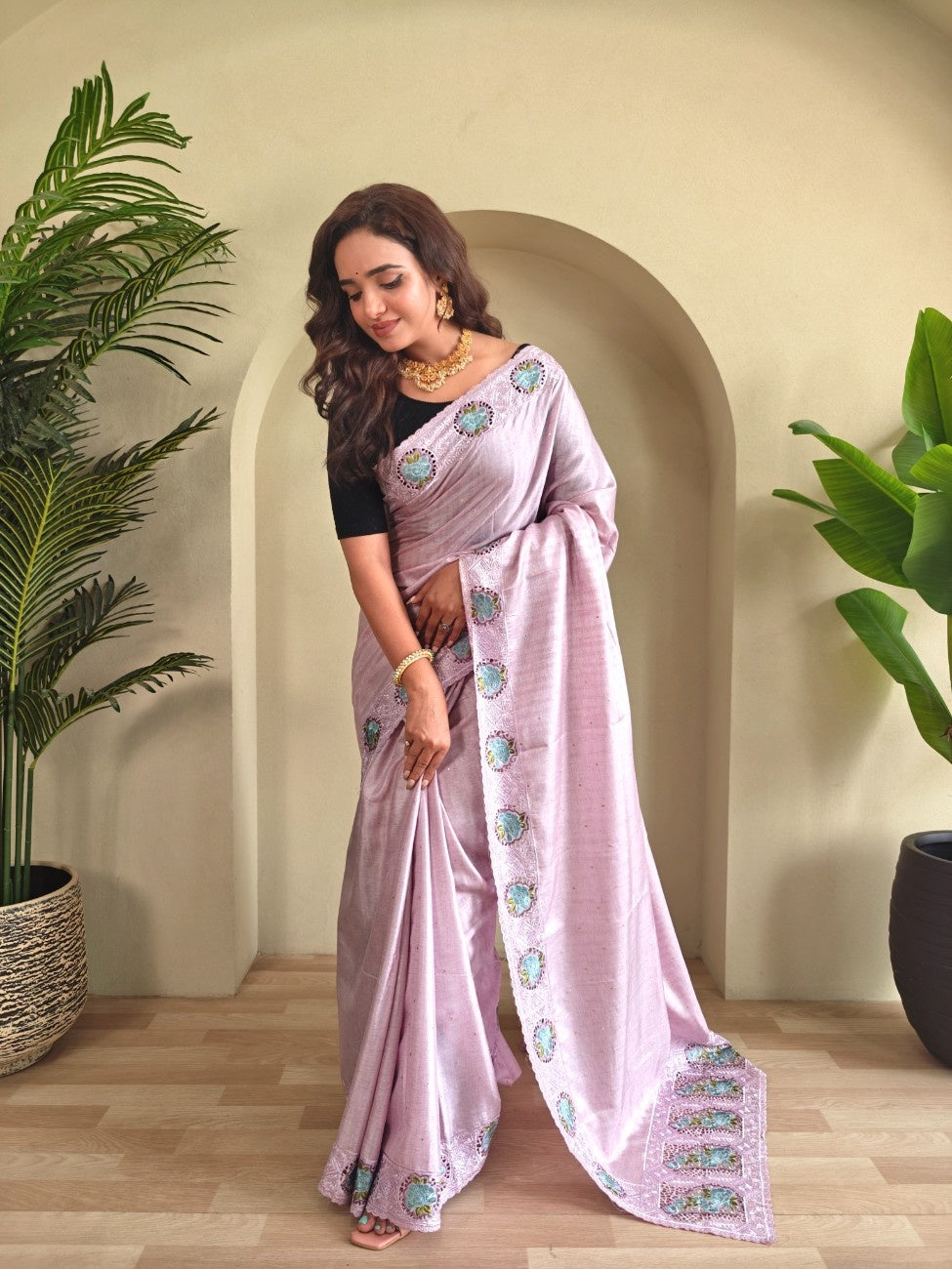 Tussar Silk saree with fine embroidery, cutwork, and contrast pallu.