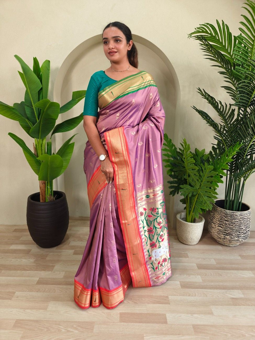luxurious Silk Saree With Ganga Jamuna border And Pichwai motifs