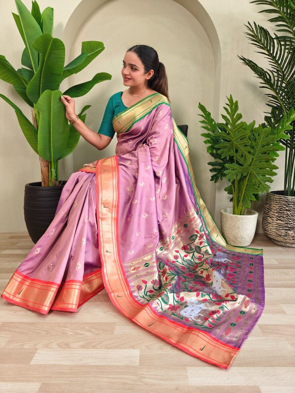 luxurious Silk Saree With Ganga Jamuna border And Pichwai motifs