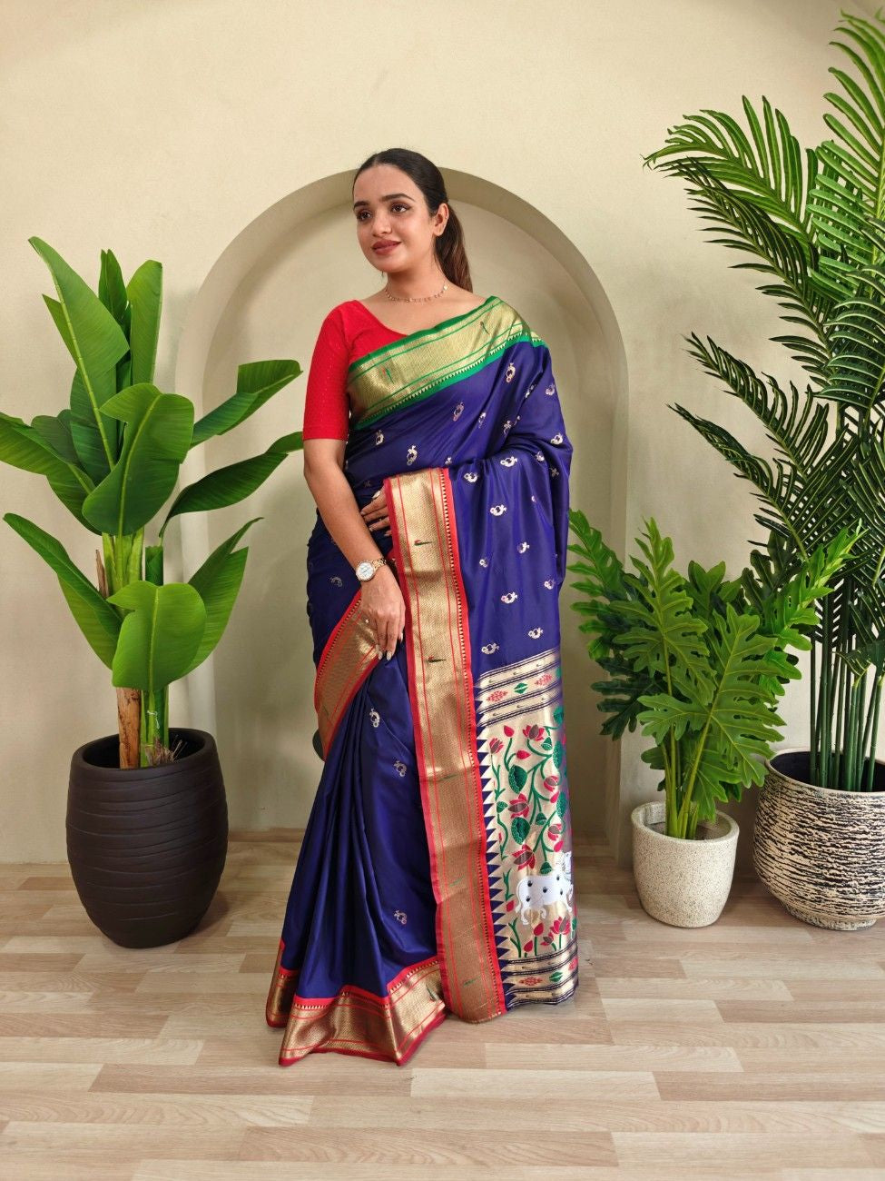 luxurious Silk Saree With Ganga Jamuna border And Pichwai motifs