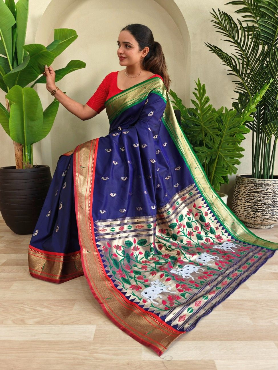 luxurious Silk Saree With Ganga Jamuna border And Pichwai motifs