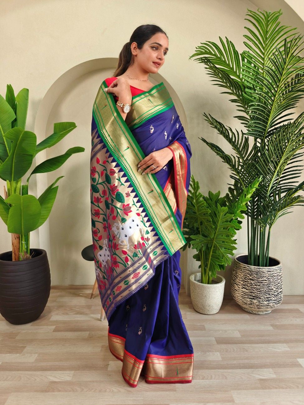 luxurious Silk Saree With Ganga Jamuna border And Pichwai motifs