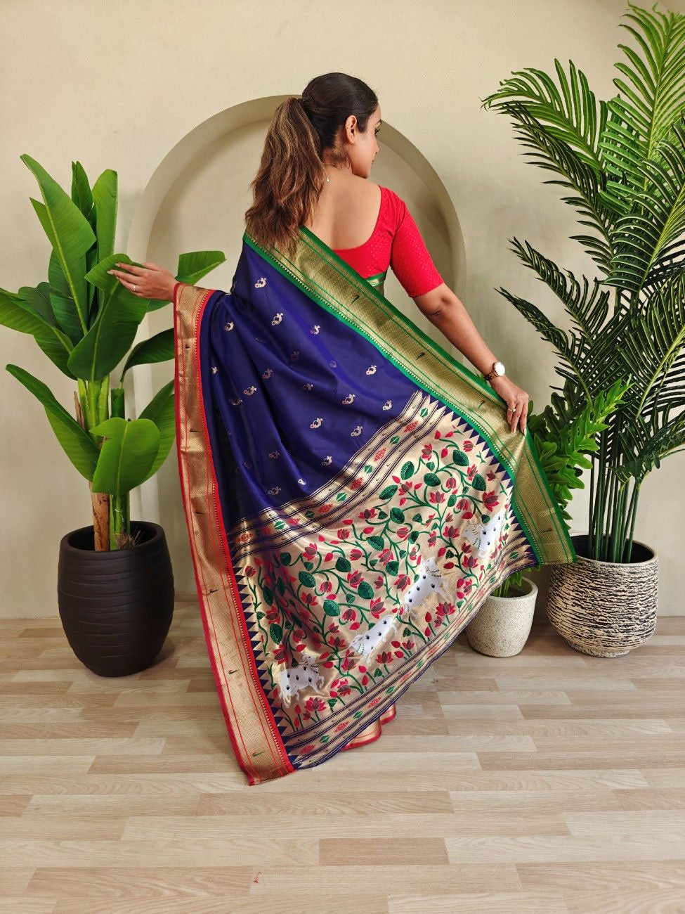 luxurious Silk Saree With Ganga Jamuna border And Pichwai motifs