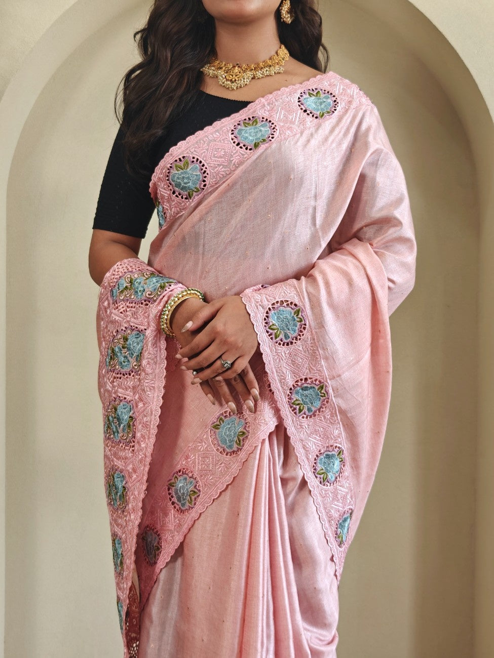Tussar Silk saree with fine embroidery, cutwork, and contrast pallu.
