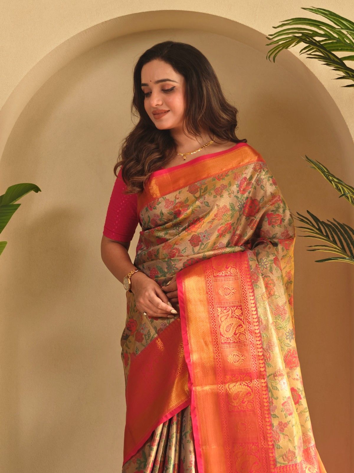 Kanchipuram Silk Sarees with golden zari weaving, rich pallu, zari border