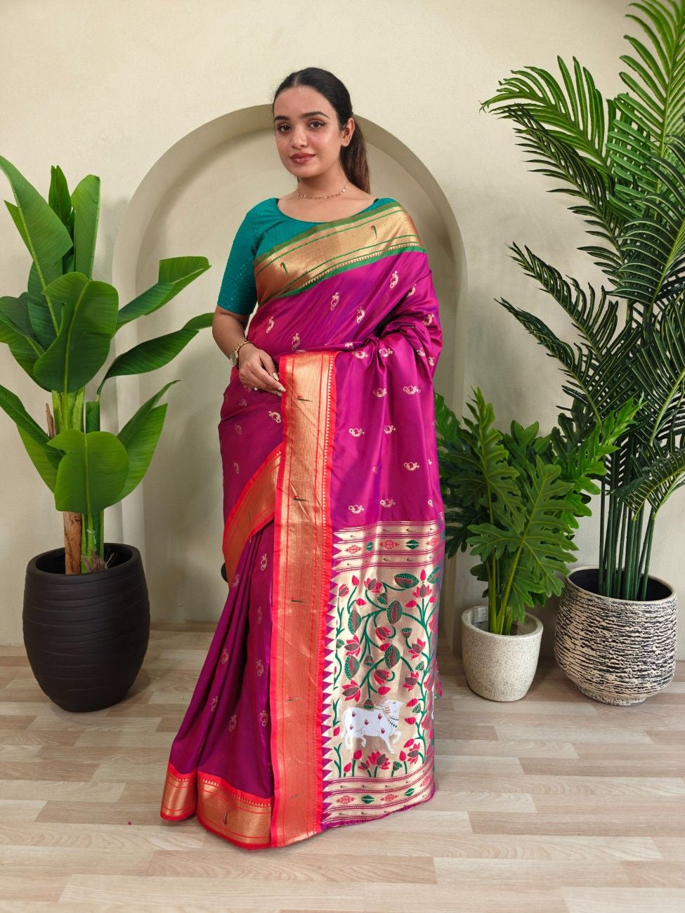 luxurious Silk Saree With Ganga Jamuna border And Pichwai motifs