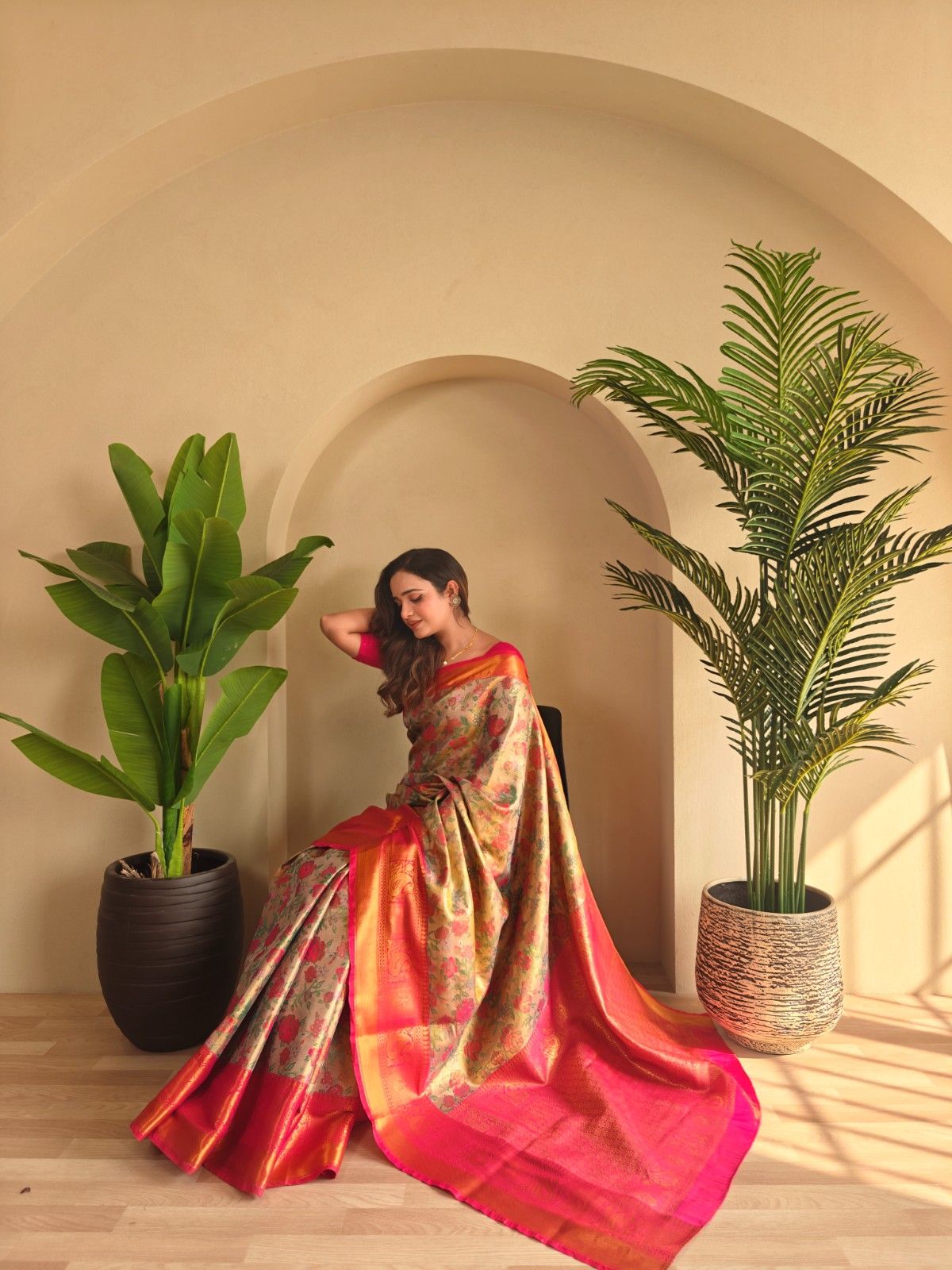 Kanchipuram Silk Sarees with golden zari weaving, rich pallu, zari border