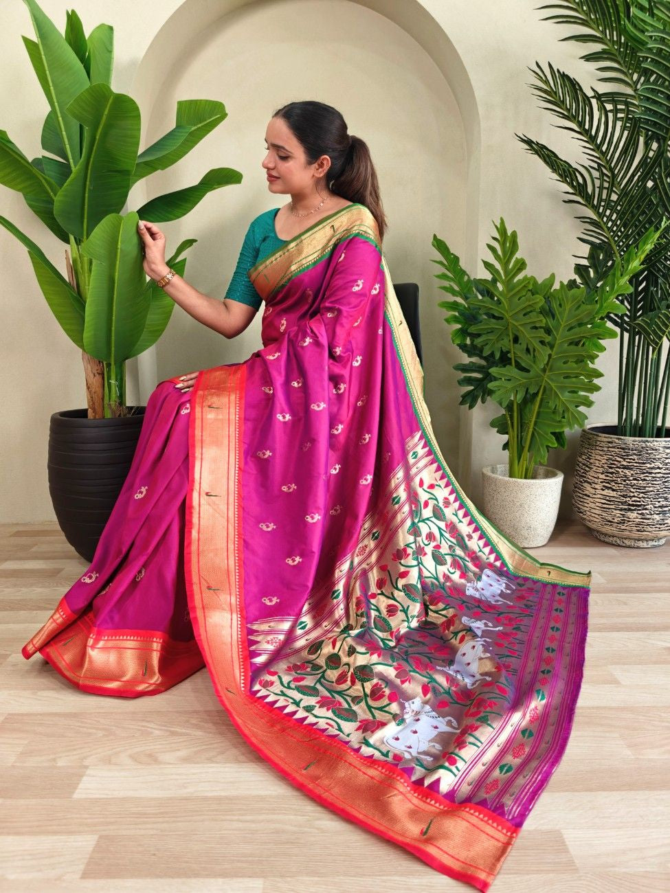 luxurious Silk Saree With Ganga Jamuna border And Pichwai motifs