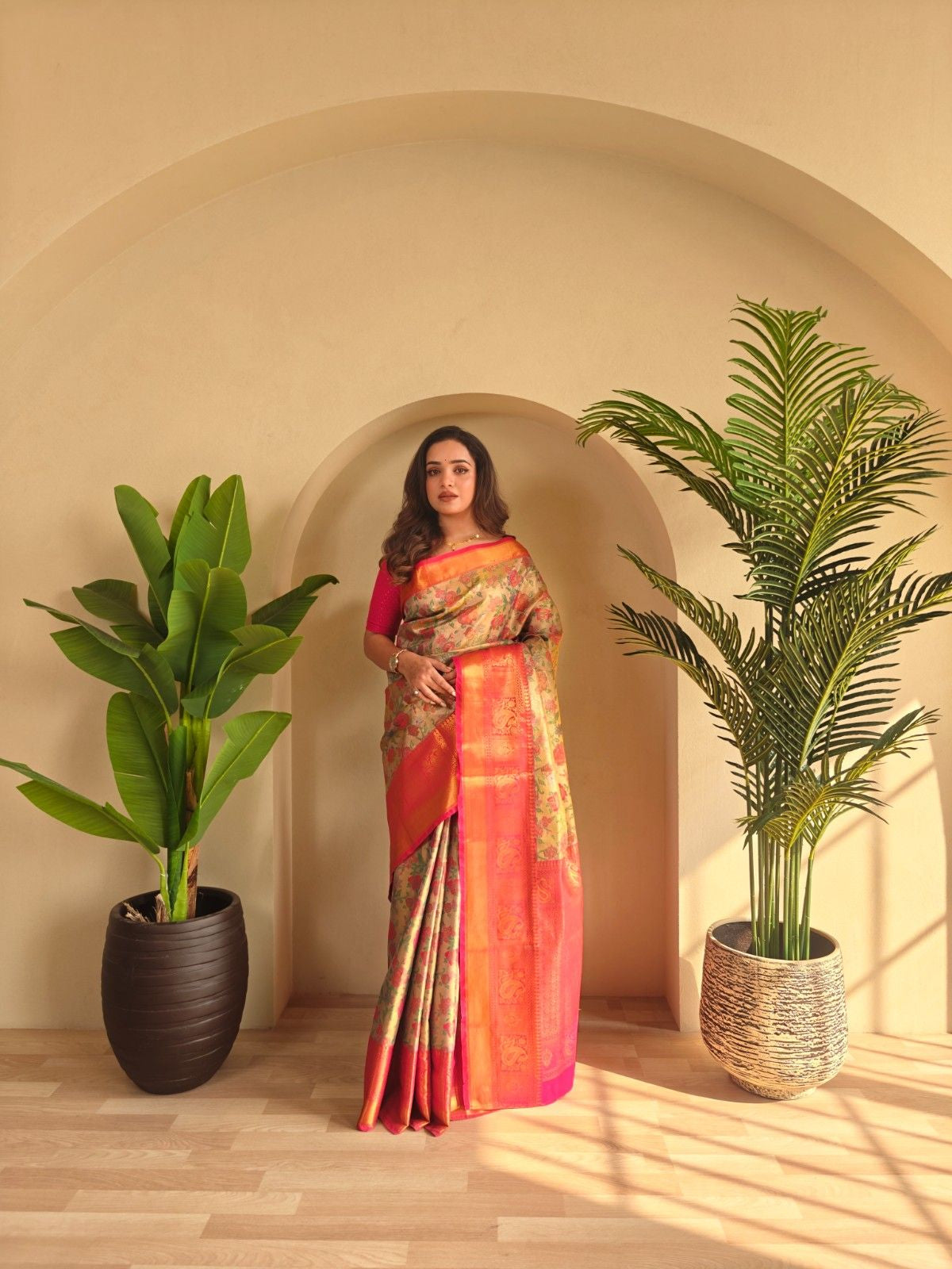 Kanchipuram Silk Sarees with golden zari weaving, rich pallu, zari border