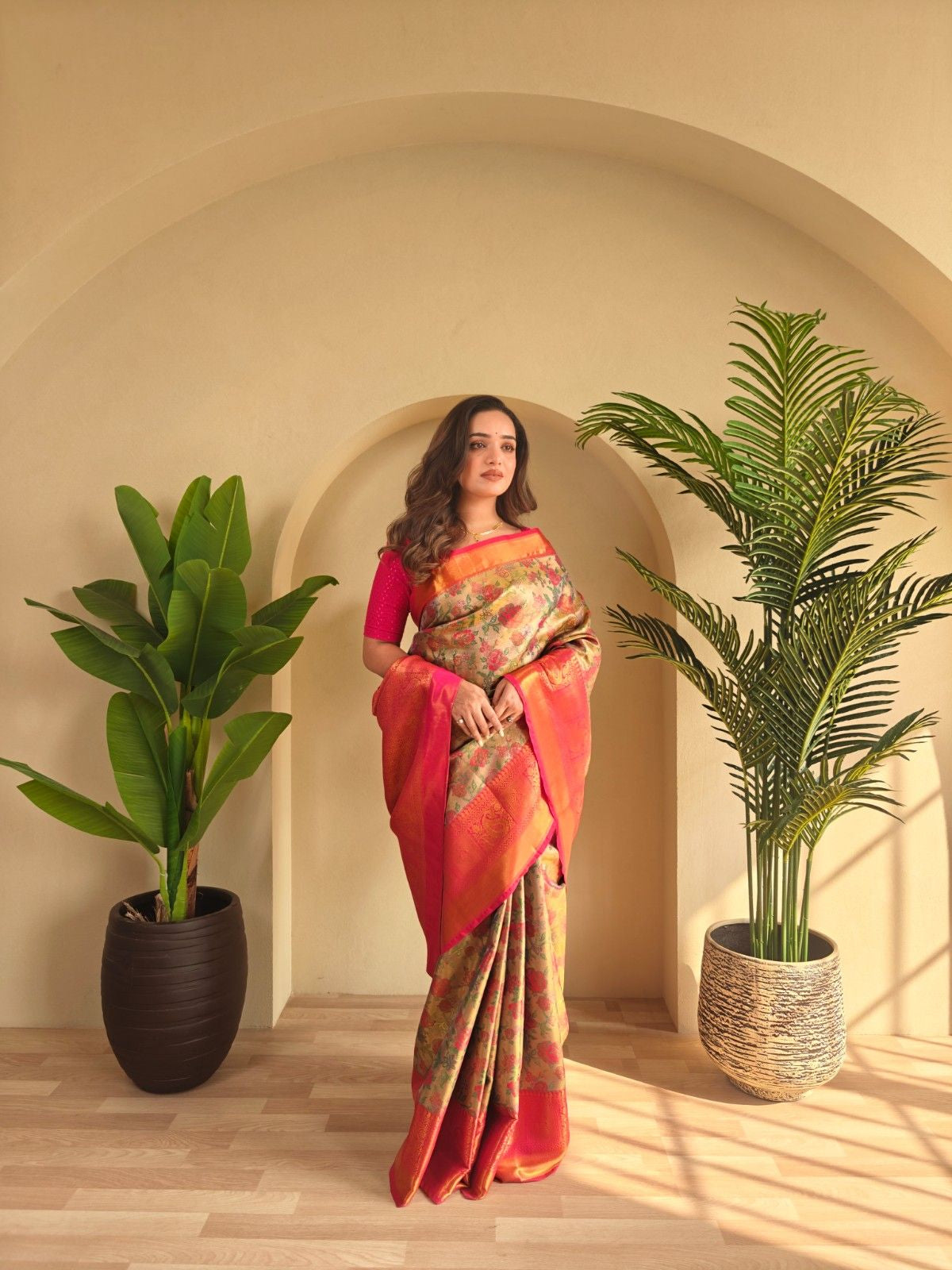 Kanchipuram Silk Sarees with golden zari weaving, rich pallu, zari border