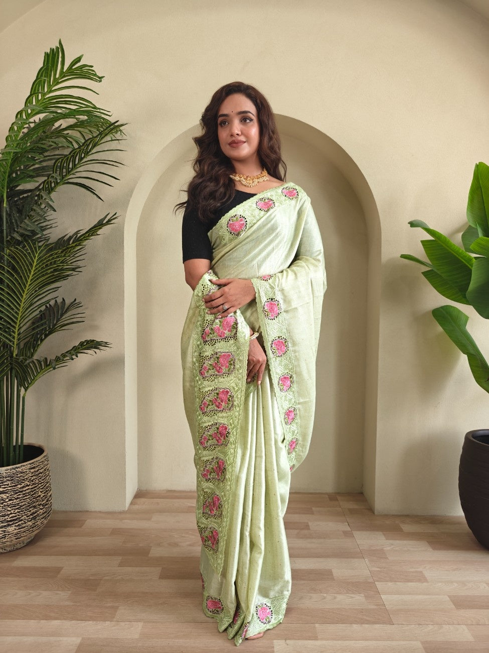 Tussar Silk saree with fine embroidery, cutwork, and contrast pallu.
