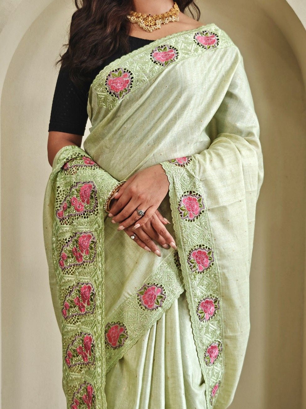 Tussar Silk saree with fine embroidery, cutwork, and contrast pallu.