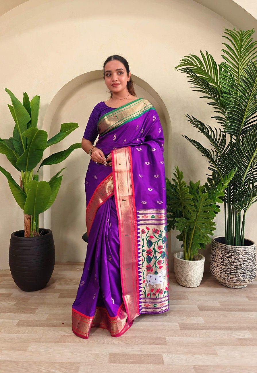 luxurious Silk Saree With Ganga Jamuna border And Pichwai motifs