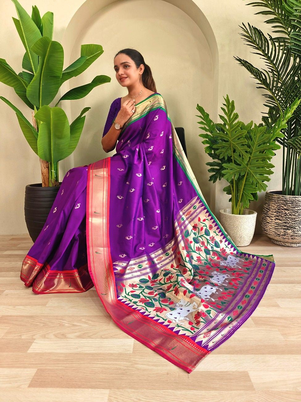 luxurious Silk Saree With Ganga Jamuna border And Pichwai motifs