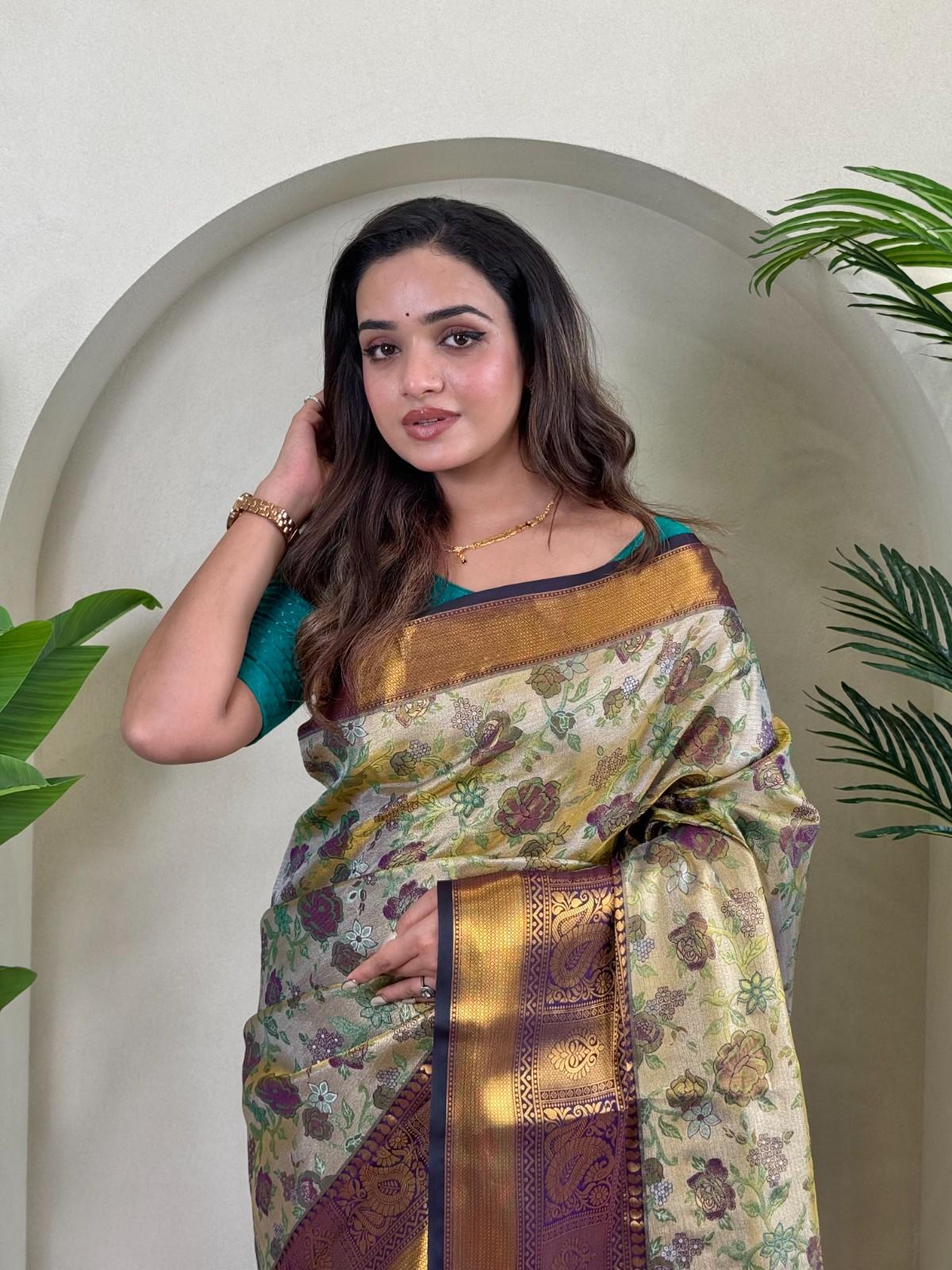Kanchipuram Silk Sarees with golden zari weaving, rich pallu, zari border