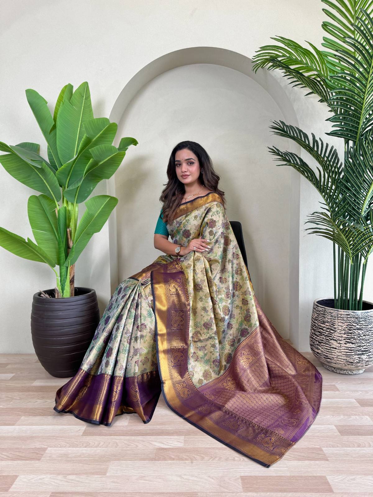 Kanchipuram Silk Sarees with golden zari weaving, rich pallu, zari border
