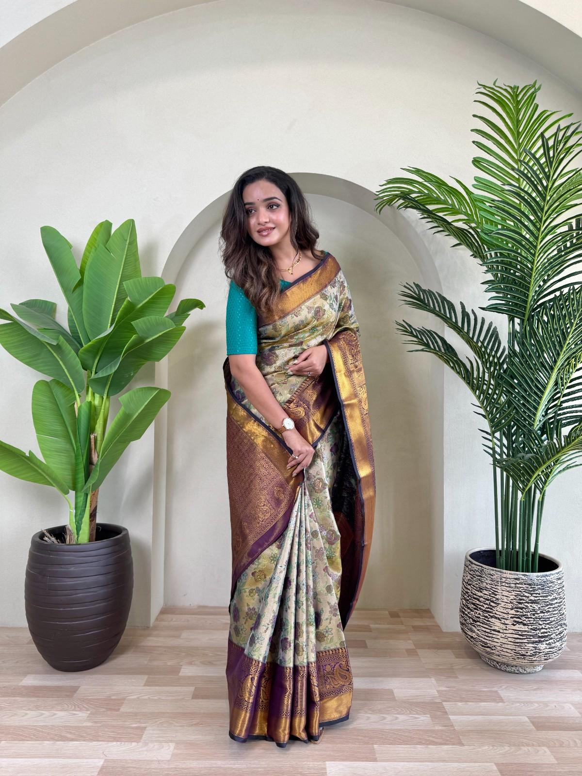 Kanchipuram Silk Sarees with golden zari weaving, rich pallu, zari border