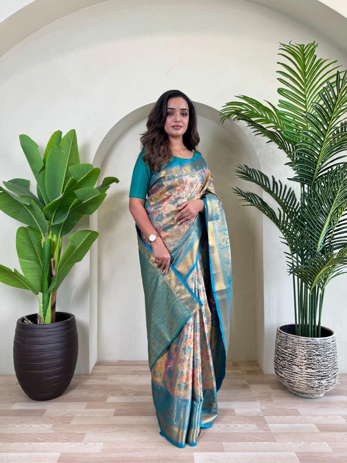 Kanchipuram Silk Sarees with golden zari weaving, rich pallu, zari border