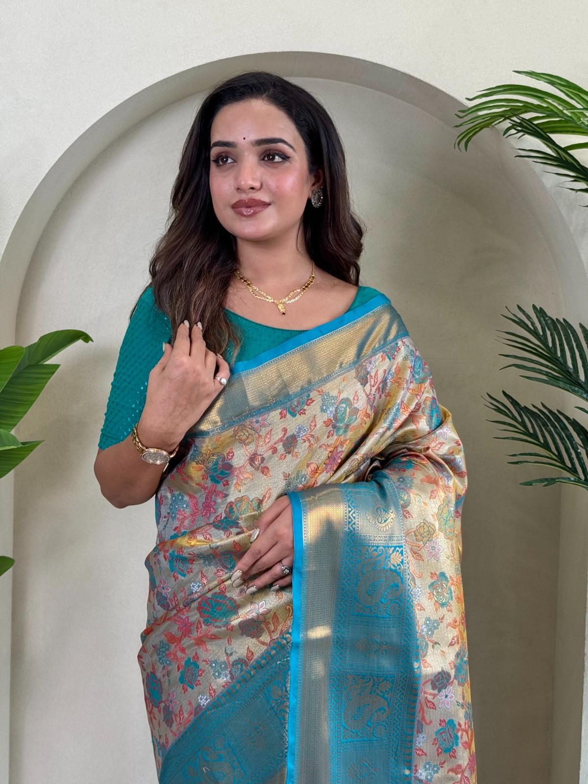 Kanchipuram Silk Sarees with golden zari weaving, rich pallu, zari border