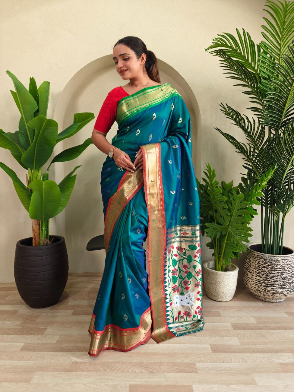 luxurious Silk Saree With Ganga Jamuna border And Pichwai motifs