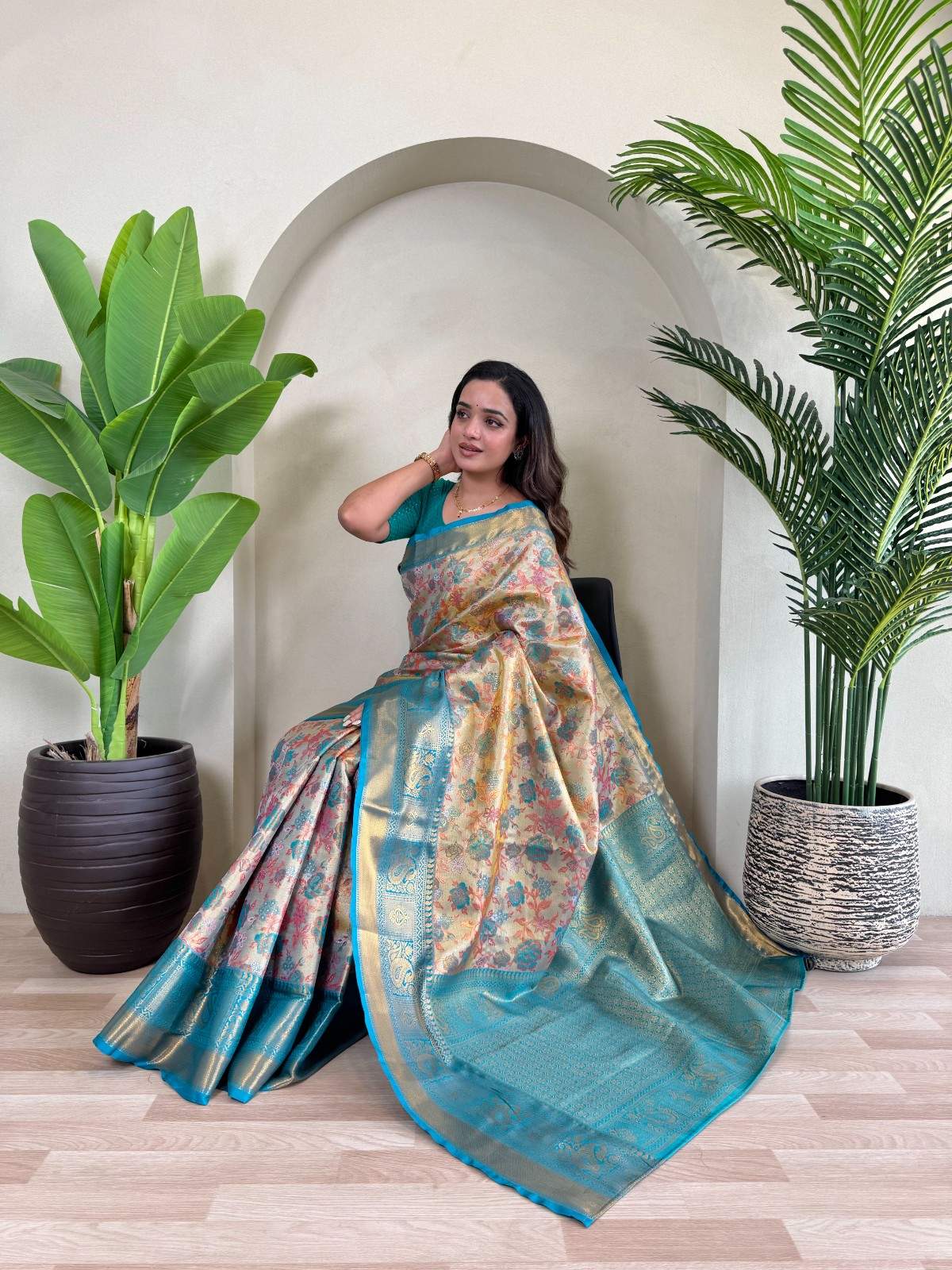 Kanchipuram Silk Sarees with golden zari weaving, rich pallu, zari border