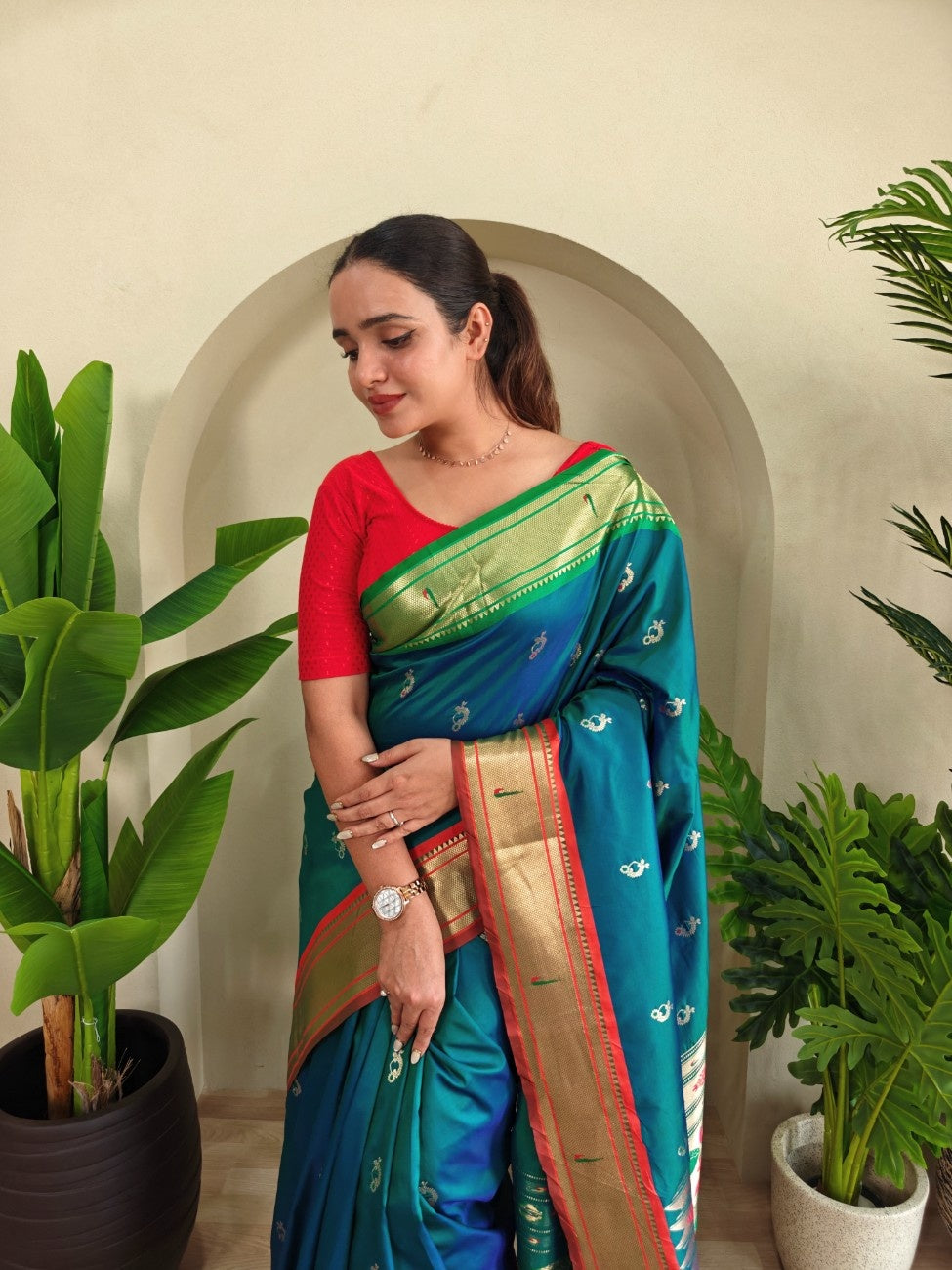 luxurious Silk Saree With Ganga Jamuna border And Pichwai motifs